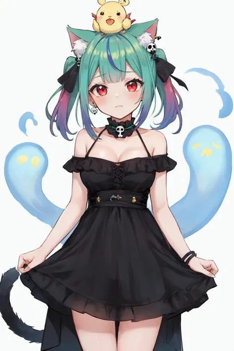 1girl, piyoko \(uruha rushia\), uruha rushia, uruha rushia \(3rd costume\), , hololive, animal ears, animal on head, bare shoulders, bird, bird on head, black dress, blue hair, blush, breasts, cat, cat ears, cat girl, chick, dress, earrings, ghost earrings, gradient hair, green hair, hair ornament, jewelry, looking at viewer, low twintails, multicolored hair, official alternate costume, on head, red eyes, short dress, short hair, short twintails, skull hair ornament, solo, twintails, virtual youtuber,
