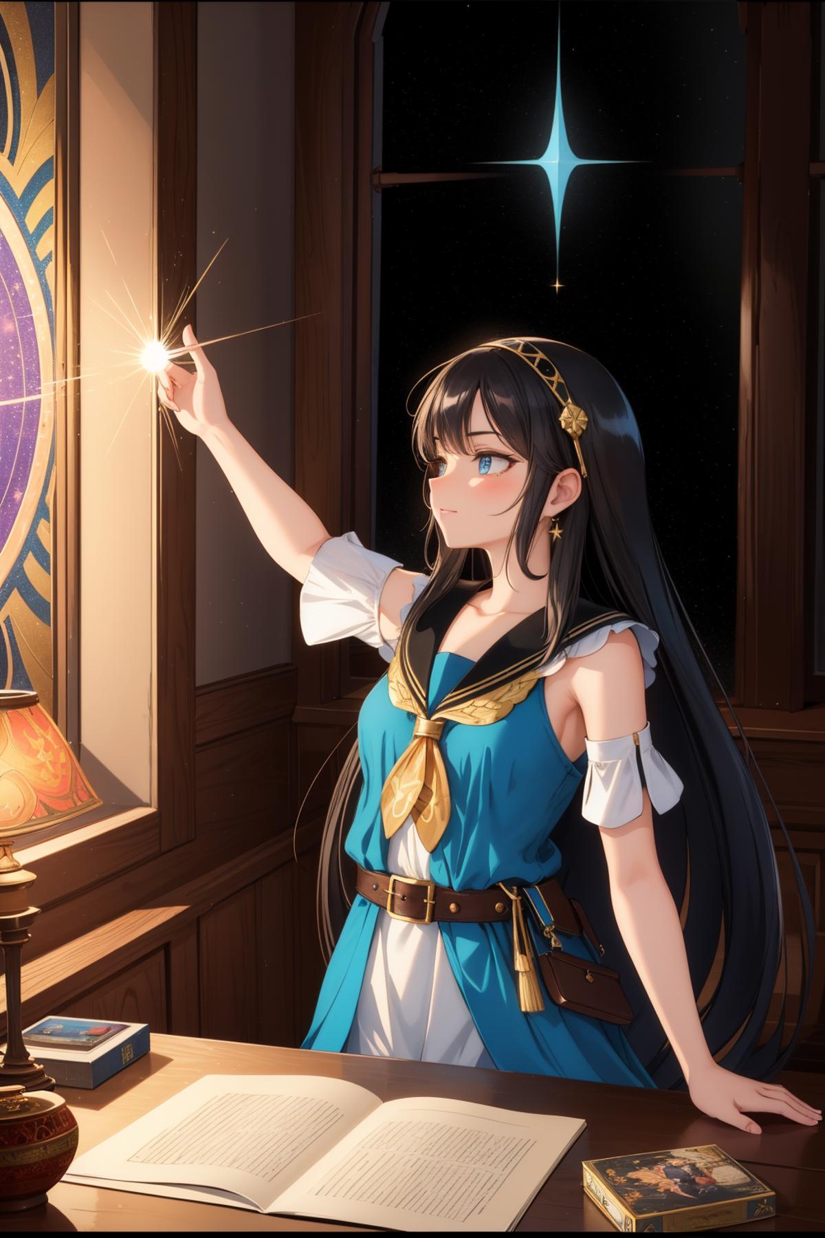 Anime girl in blue dress holding a wand and looking at a clock - SeaArt AI
