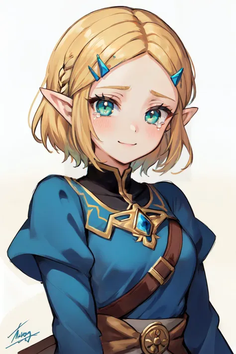 1girl, princess zelda, , the legend of zelda, the legend of zelda: tears of the kingdom, blonde hair, blue dress, braid, closed mouth, dress, forehead, green eyes, hair ornament, hairclip, long sleeves, pointy ears, short hair, signature, simple background, slit pupils, smile, solo, upper body, white background,