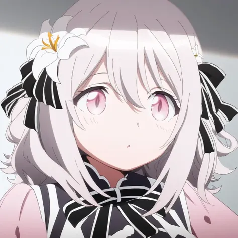 Lily Hanazono, hair between eyes, gray hair, Medium hair,light pink eyes, hair ornament, hair ribbon, black ribbon, hair ornament, white flower ornament, sidelocks,