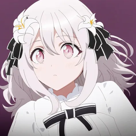 Lily Hanazono, hair between eyes, gray hair, Medium hair,light pink eyes, hair ornament, hair ribbon, black ribbon, hair ornament, white flower ornament, sidelocks,