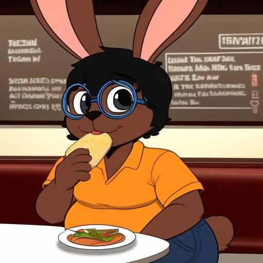 <lora:Lemmy:1>, bunny, glasses, cute, brown fur, cartoon, 4k, hd, pose, big , orange shirt, blue glasses, black hair, fat, restaurant, eating,