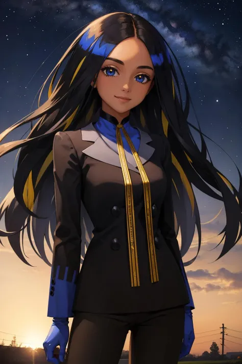 masterpiece, best quality, geeta, multicolored hair, neck ribbon, black jacket, black pants, gloves, upper body, looking at viewer, smile, night sky <lora:geeta-nvwls-v1-000010:0.9>