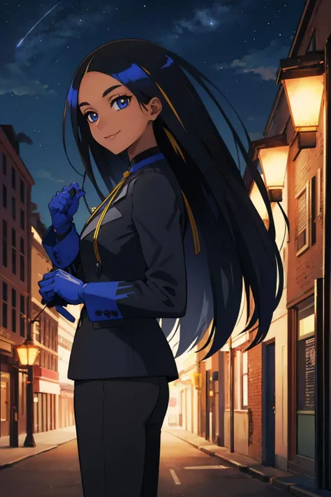 masterpiece, best quality, geeta, multicolored hair, neck ribbon, black jacket, black pants, gloves, from side, looking at viewer, smile, city, night sky, lampposts <lora:geeta-nvwls-v1-000010:0.9>