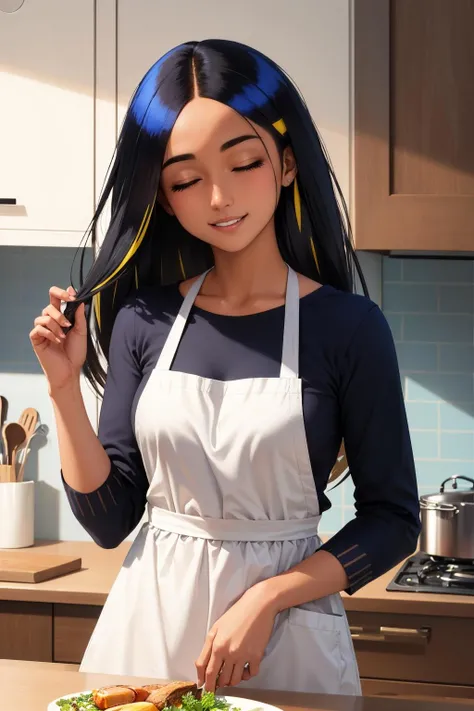 masterpiece, best quality, geeta, multicolored hair, white long-sleeved t-shirt, apron, kitchen, upper body, closed eyes, smile <lora:geeta-nvwls-v1-000010:0.8>