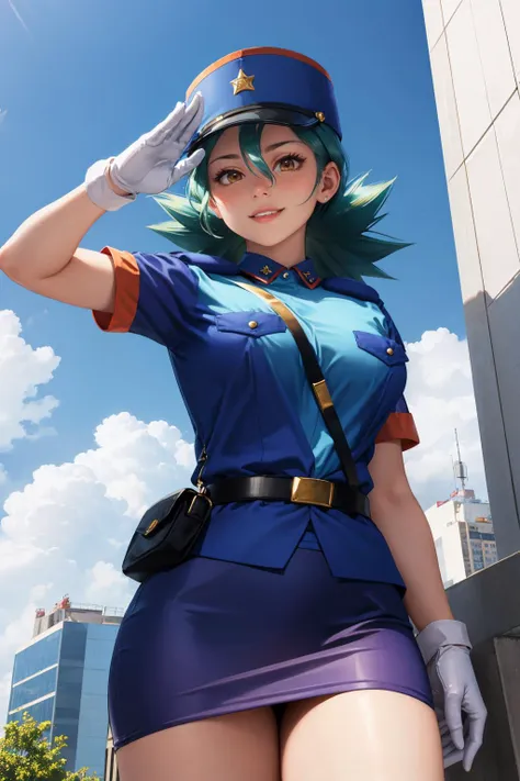 masterpiece, best quality, <lora:officerjenny-nvwls-v1-000009:0.9> pkmnJenny, blue hat, police uniform, blue shirt, short sleeves, belt, pencil skirt, white gloves, cowboy shot, looking at viewer, smile, cityscape, blue sky, mature woman, large breasts, salute,, from below