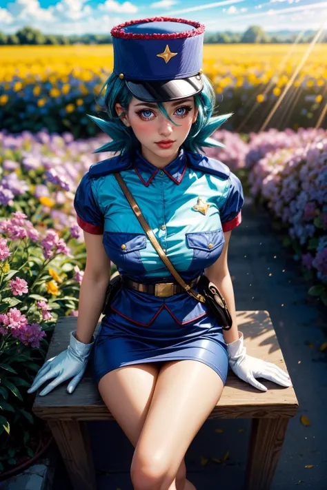 (Extreme Detail CG Unity 8K wallpaper, masterpiece, highest quality), (exquisite lighting and shadow, highly dramatic picture, cinematic lens effect), (Leeloo: 1.4), delicate facial features, charming smile, star eyes, ((dark green hair)), tight top, white gloves, mini skirt, dynamic pose, lying in the garden), (background in a garden full of flowers) (excellent detail, outstanding lighting, wide angle), (excellent rendering, enough to be proud of its kind)