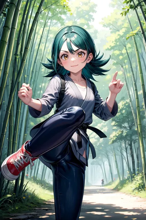 (masterpiece, best quality, detailed), 1girl, solo, pkmnJenny, looking at viewer, 
<lora:Dougi2:1>, dougi, outdoors, bamboo forest, nature, fighting stance, standing on one leg, kicking, leg up, v-shaped eyebrows, smile, closed mouth