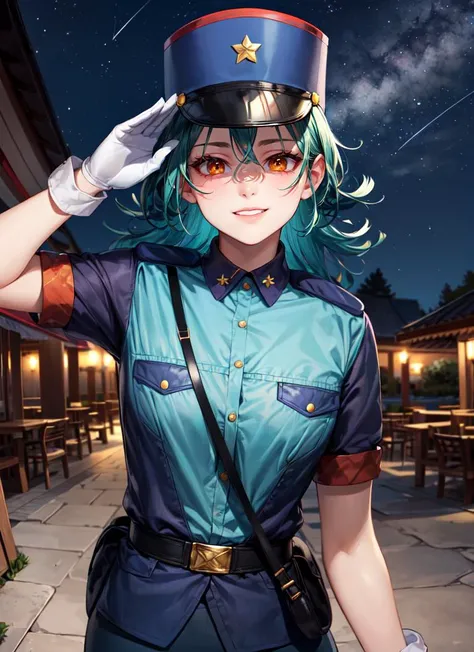 ((best quality)), ((highly detailed)), masterpiece, absurdres, detailed face, beautiful face, (detailed eyes, deep eyes), <lora:more_details:.4>, (1girl), dynamic pose, upper body, <lora:officerjenny-v1:.9>, pkmnJenny, teal hair, brown eyes, smiling, blue hat, police uniform, blue shirt, short sleeves, belt, pencil skirt, white gloves, high heels, saluting, (outdoors, in a resort, evening, night sky, stars, moonlight, shooting star)