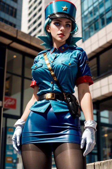 (ultra realistic,32k, masterpiece:1.2),(high detailed skin:1.1),( high quality:1.1),
<lora:officerjenny-nvwls-v1:0.8>(annoyed:1.1),pkmnJenny,turquoise hair, blue hat, police uniform, blue shirt, short sleeves, belt, pencil skirt, white gloves,pantyhose, high heels, dress, jacket, blurry background,,(looking at viewer, standing, from below:1.1),, huge breast,large breast,<lora:add_detail:0.83>,
(volumetric lighting:1.1),