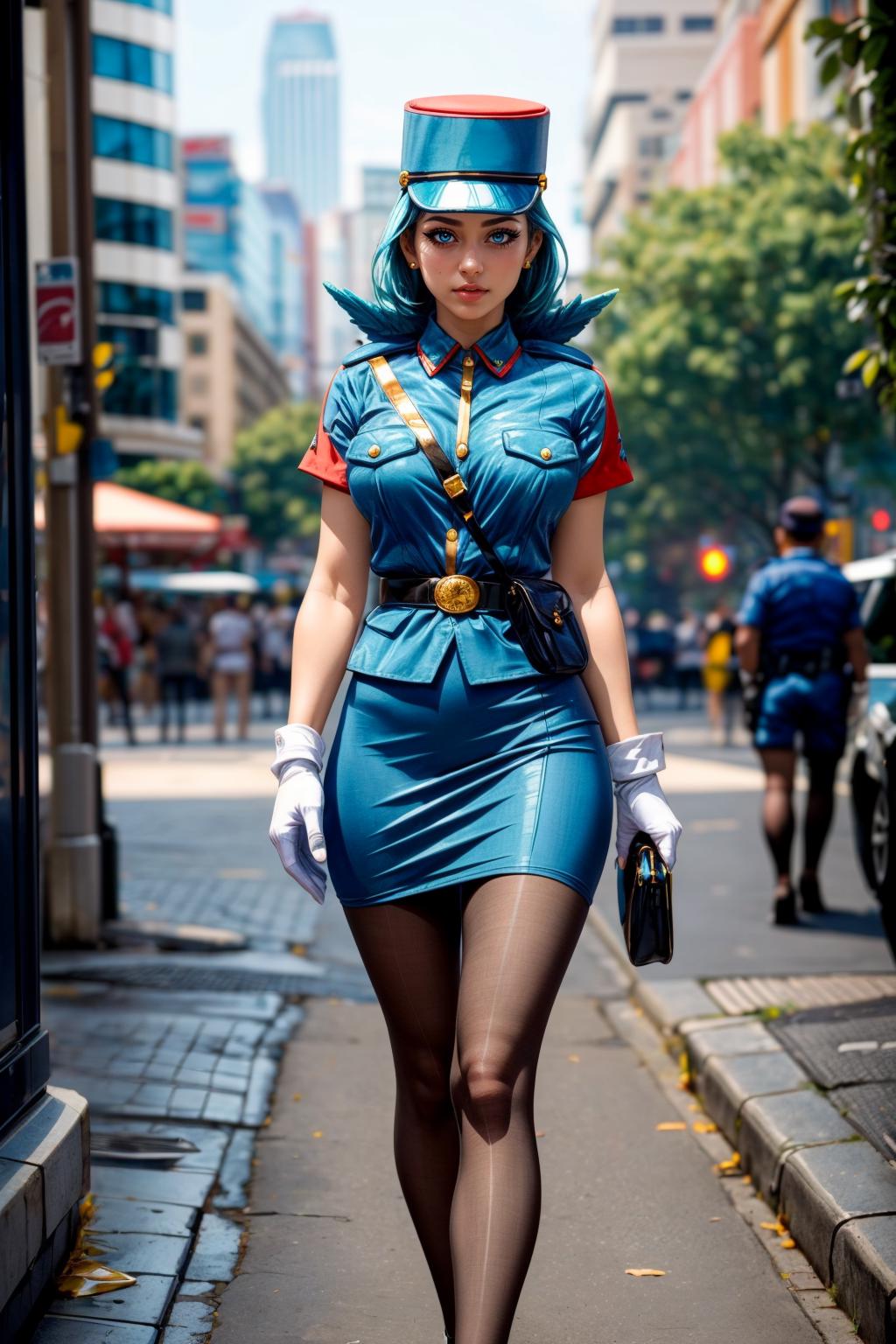 A woman in a blue dress and hat walking down a street - SeaArt AI