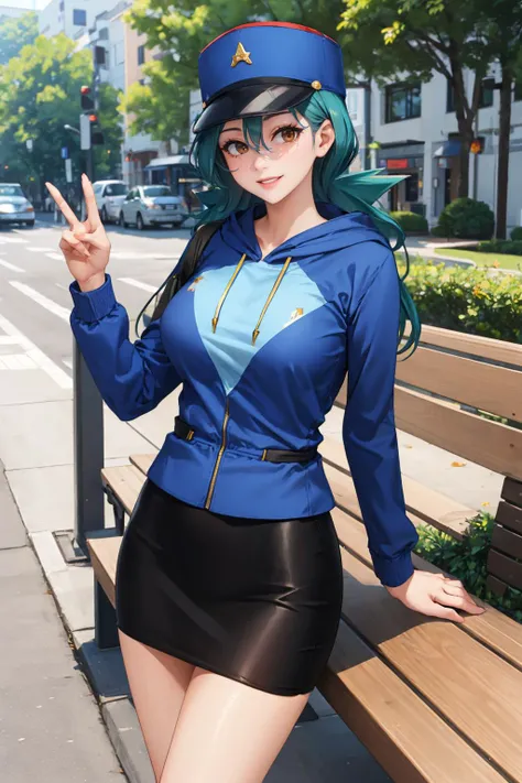 masterpiece, best quality, <lora:officerjenny-nvwls-v1-000009:0.9> pkmnJenny, blue hat, blue hoodie, pencil skirt, park, bench, trees, mature woman, large breasts, high heels, cowboy shot, smile