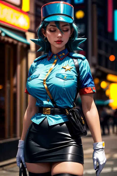 (ultra realistic,32k, masterpiece:1.2),(high detailed skin:1.1),( high quality:1.1),
<lora:officerjenny-nvwls-v1:0.8>(one eye closed:1.1),pkmnJenny,turquoise hair, blue hat, police uniform, blue shirt, short sleeves, belt, pencil skirt, white gloves, high heels, shirt, short sleeves, ruffle skirt, thigh highs, blurry background,,(looking at viewer, standing:1.1),, huge breast,large breast,<lora:add_detail:0.98>,
(soft shaded neon light:1.1),