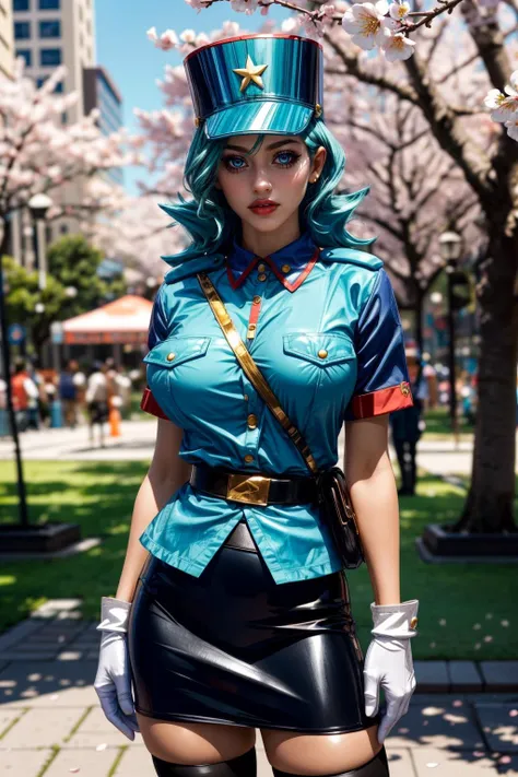 (ultra realistic,32k, masterpiece:1.2),(high detailed skin:1.1),( high quality:1.1),
<lora:officerjenny-nvwls-v1:0.8>(crazy:1.1),pkmnJenny,turquoise hair, blue hat, police uniform, blue shirt, short sleeves, belt, pencil skirt, white gloves, high heels, Kobicha short kimono,thigh highs, high heels, city park, sunshine, cherry blossoms, blurry background,,(looking at viewer, standing from below:1.1),, huge breast,large breast,<lora:add_detail:0.89>,
(glowwave:1.1),