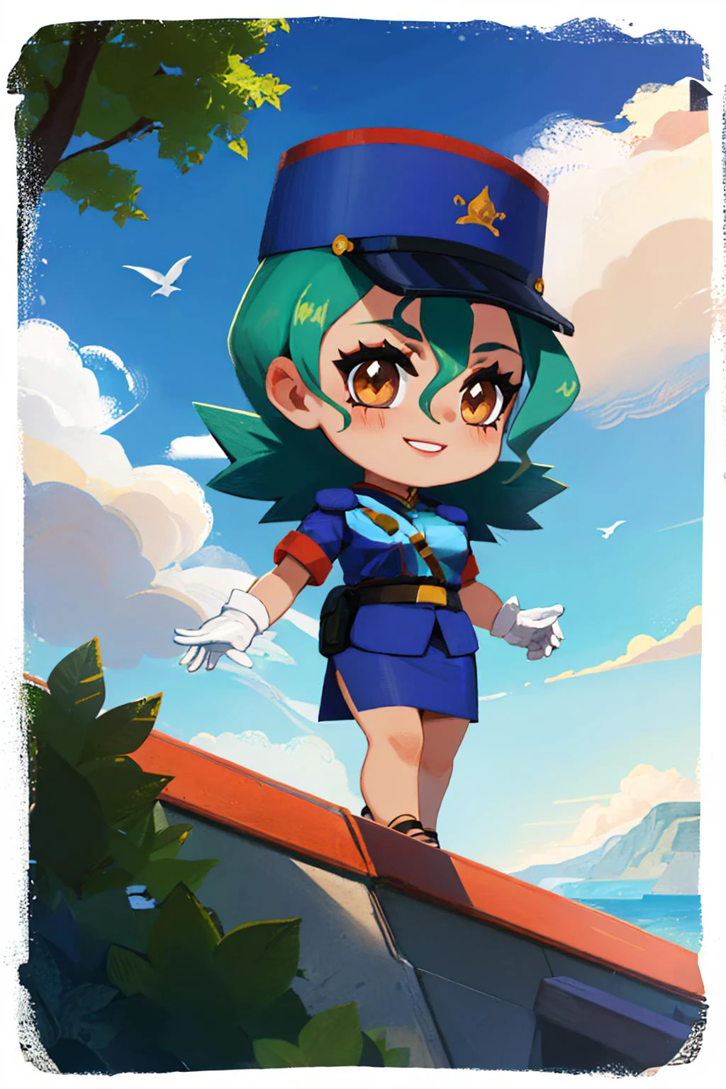 (masterpiece, best quality:1.2), border, chibi, solo, 1girl, pkmnJenny, smile, looking at viewer, blue hat, police uniform, blue shirt, short sleeves, belt, pencil skirt, white gloves, high heels <lora:style_onmyoji-20:1> <lora:officerjenny-nvwls-v1:1>