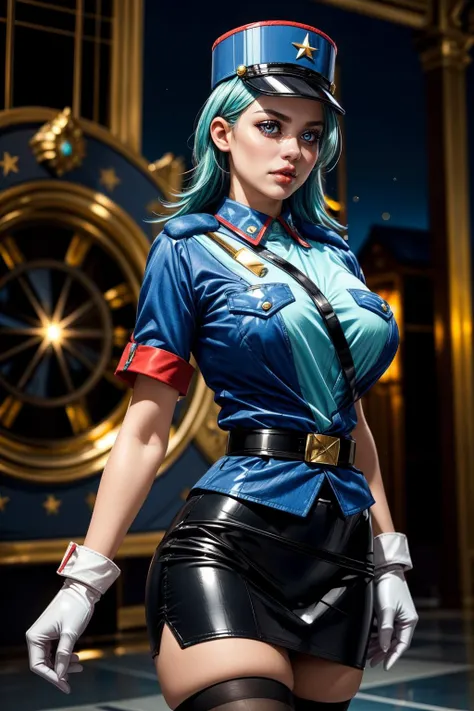(ultra realistic,32k, masterpiece:1.2),(high detailed skin:1.1),( high quality:1.1),
<lora:officerjenny-nvwls-v1:0.8>(v-shaped eyebrows:1.1),pkmnJenny,turquoise hair, blue hat, police uniform, blue shirt, short sleeves, belt, pencil skirt, white gloves, high heels, black shirt, long sleeves, black skirt, white thighhighs,starborn citadel, celestial architecture, radiant beacons, abode of star-born beings, blurry background,,fighting pose, huge breast,large breast,<lora:add_detail:0.88>,
(lighting:1.1),