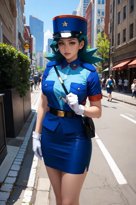 masterpiece, best quality, <lora:officerjenny-nvwls-v1-000009:0.9> pkmnJenny, blue hat, police uniform, blue shirt, short sleeves, belt, pencil skirt, white gloves, cityscape, blue sky, mature woman, large breasts, serious, fist, dynamic pose, cityscape, high heels