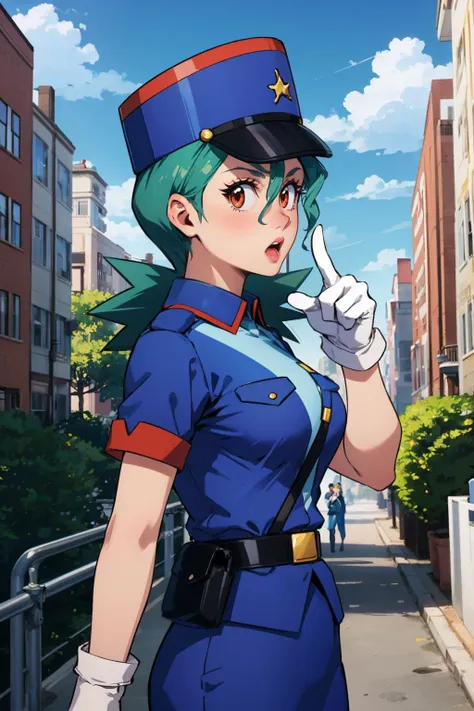 masterpiece, best quality, <lora:officerjenny-nvwls-v1-000009:0.9> pkmnJenny, blue hat, police uniform, blue shirt, short sleeves, belt, pencil skirt, white gloves, cityscape, blue sky, mature woman, large breasts, furrowed brow, :o, lipstick, pointing, standing, dynamic pose, from side, surprised, looking at viewer