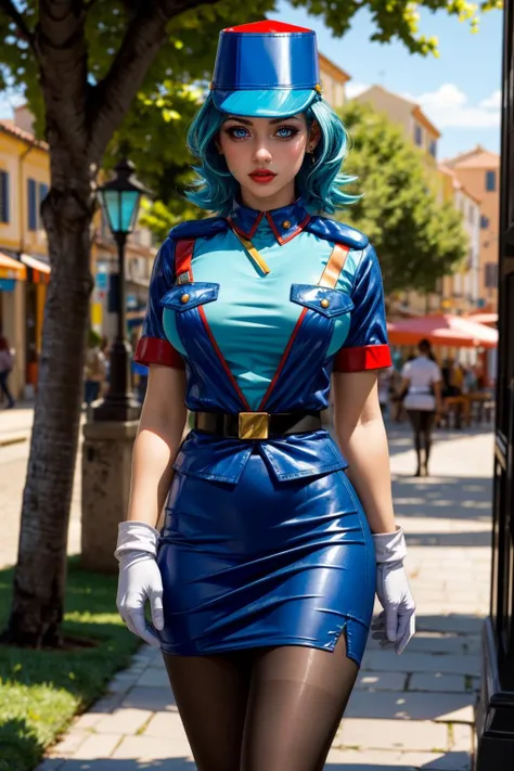 1girl. Humanized Daisy Duck as a hot Gibson Girl, seducing a horny 69yo gentleman. 1890s fashion. Victorian high-collar turquoise dress with long sleeves cuffed into wrist-high white silk gloves. Sheer peek-a-boo top. 1900_dr3ss, picture hat. Strawberry blonde hair. Large bosom, 9-inch wasp waist, big booty. Thicc thot. Slutty demeanor. Sexy pose.