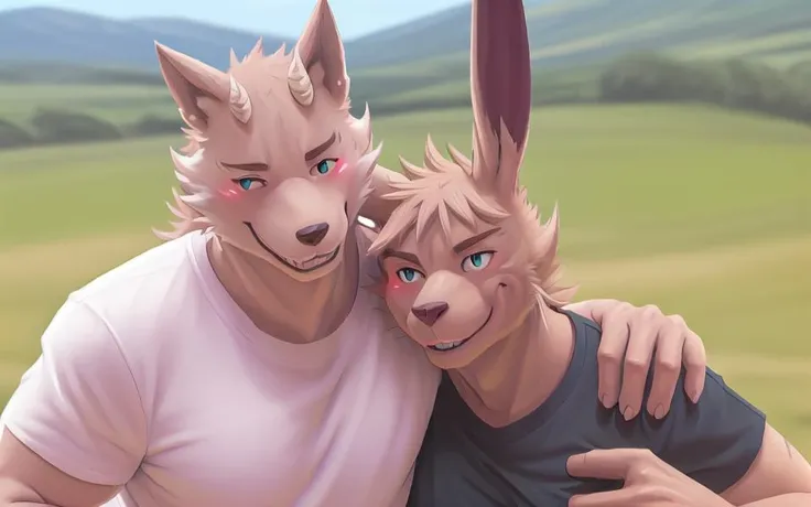 landscape background, photorealistic, realistic, ultra realistic, aesthetic, masterpiece, 4k, sharp focus, duo, clothed, t-shirt, hitching shoulders, bust portrait, cute smile, selfie, looking at viewer BREAK male, bathym, wolf, detailed face, blush, happy, blush BREAK (sissel:1.2), bunny boy <lora:bathym-09:1> <lora:sissel:1>