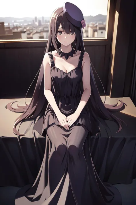 masterpiece, best quality, solo,looking at viewer,1girl,city,
 <lora:OpheliaV2:0.7>Ophelia,sitting,long dress,hat
