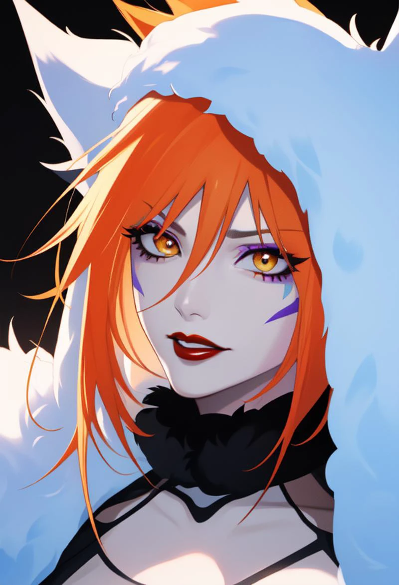(masterpiece), (high res), 4k, ((best quality)), beautiful face, detailed face, ultra-detailed, ((head shot, face focus, face shot), open eyes, (looking at viewer, facing viewer)), 1girl, long hair, solo, black background, blue gradient hair, purple highlights, tattoo, BREAK, (red lips:1.3), evil grin, makeup, face markings, (white crop top, black fur trim, fur sleeves, fur collar), jewelry, large intricate hair accessories, large breasts ( genderswap \(mtf\), (kurosaki ichigo:1.3), orange hair, (spiked hair:1.3), short hair, gradient hair, yellow eyes,), large breasts, (<lora:ColoredLipstick:1> (lipstick, glossy lips, red lipstick)), ((heavy eyeshadow, thick eyeshadow, blue eyeshadow)), eyeliner, mascara, long eyelashes, <lora:bleach_kurosaki:1> (long painted nails:1.1, long fake nails, hot pink nails), <lora:breastsizeslideroffset:.1> (armor, white liquid armor:1.3) <lora:sadakage-v1.5-lora-any:.4> sadakage,