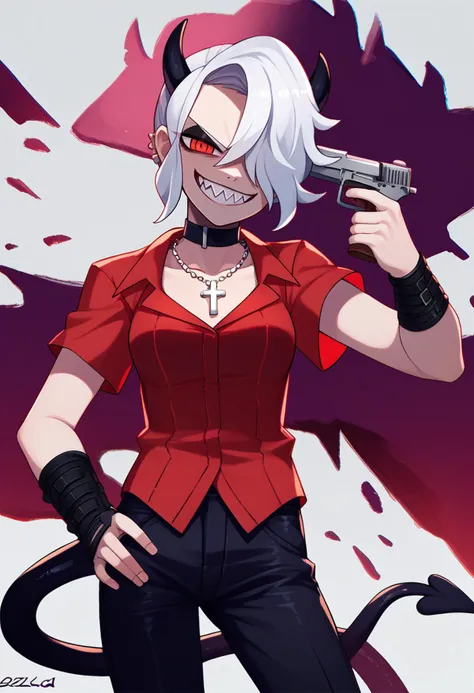 score_9, score_8_up, score_7_up, source_anime, solo, 1girl, htzdrada, sharp teeth, eyeshadow, evil grin, looking at viewer, gun to head, holding weapon, holding gun, hair over one eye, demon horns, red shirt, short sleeves, black pants, piercing, cross necklace, black choker, demon tail <lora:concept_guntohead_ponyXL:1> <lora:helltaker_zdrada_ponyXL:1>