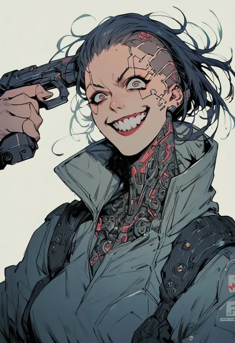 score_9, score_8_up, score_7_up, score_6_up, sinozick style, cyber psycho, crazy, cyber implants, cyberpunk, gun to head, holding weapon, holding gun, smile