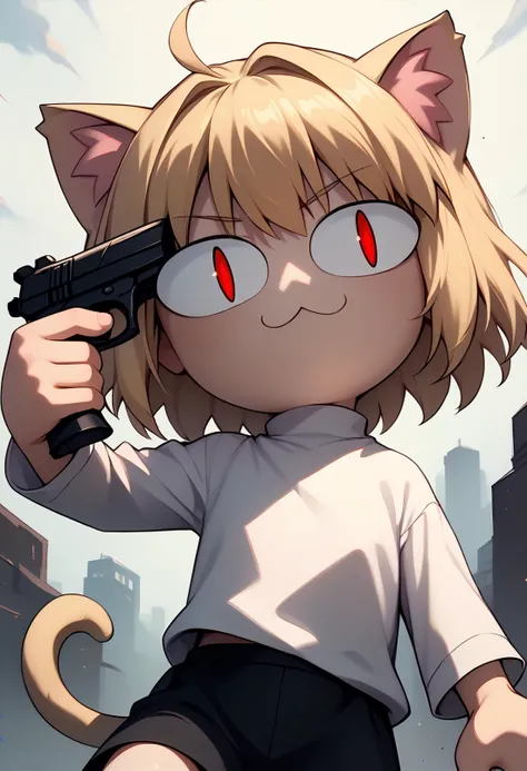 score_9, score_8_up, score_7_up BREAK necoarc, lit pupils, cat ears, blonde hair, red eyes, chibi, :3, white shirt, turtleneck, gun to head, holding weapon, holding gun <lora:concept_guntohead_ponyXL:1> <lora:necoarc-guy-PONYv1_1:1>