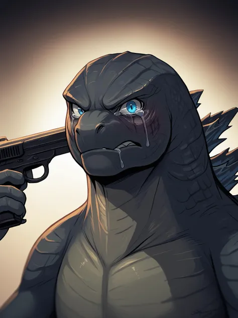 <lora:concept_guntohead_ponyXL:1> <lora:Godzilla_PONY_XL_Ver:1> godzilla, spines, glowing blue eyes, gun to head, holding weapon, holding gun, portrait, closeup, crying, looking at viewer, tears, runny makeup, bawling, sad, teary eyed, frown BREAK source_anthro, score_9, score_8_up, score_7_up, score_6_up, score_5_up, score_4_up