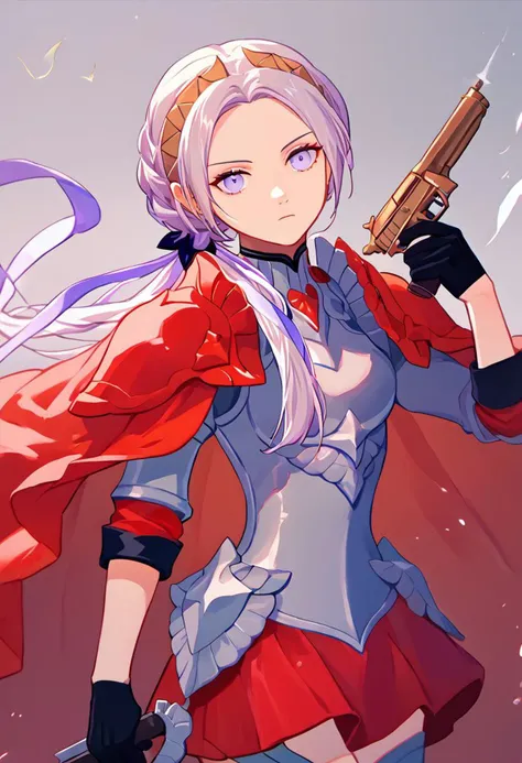 score_9, score_8_up, score_7_up, solo, 1girl, hopesEdel, crown braid, long ponytail, hairband, purple ribbon, armor, red cape, black gloves, red skirt, armored legwear, expressionless, looking at viewer, gun to head, holding weapon, holding gun, <lora:concept_guntohead_ponyXL:1>