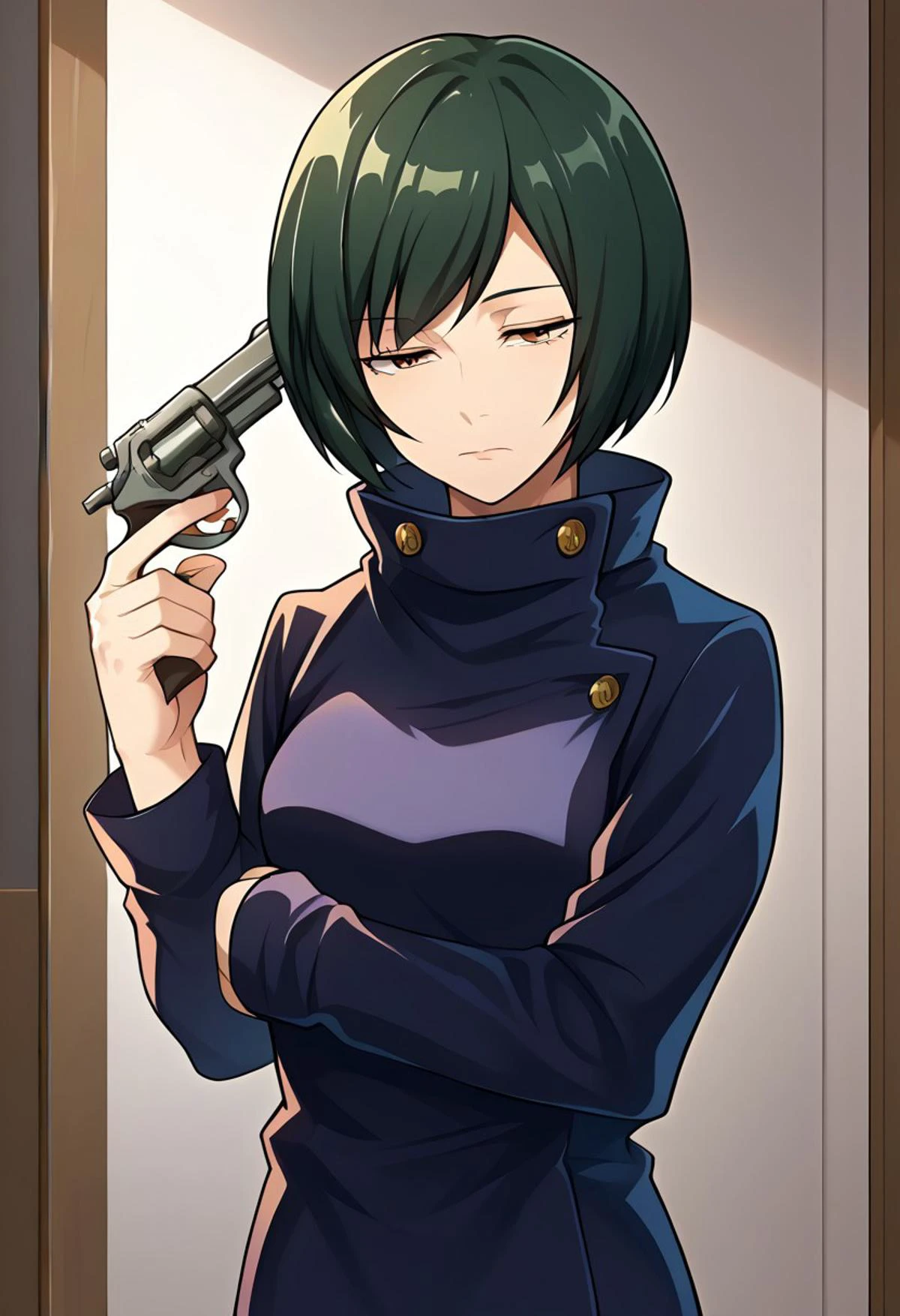 score_9, score_8_up, source_anime, 1girl, solo, <lora:boxed_potat_v1:1> (((bob cut hair style))), Maizenin,green hair,brown eyes,indoors, long sleeves,pants, boots, negative_hand, negative_hand-neg, sleepy, half closed eyes, gun to head, holding weapon, holding gun, portrait, closeup, upper body,