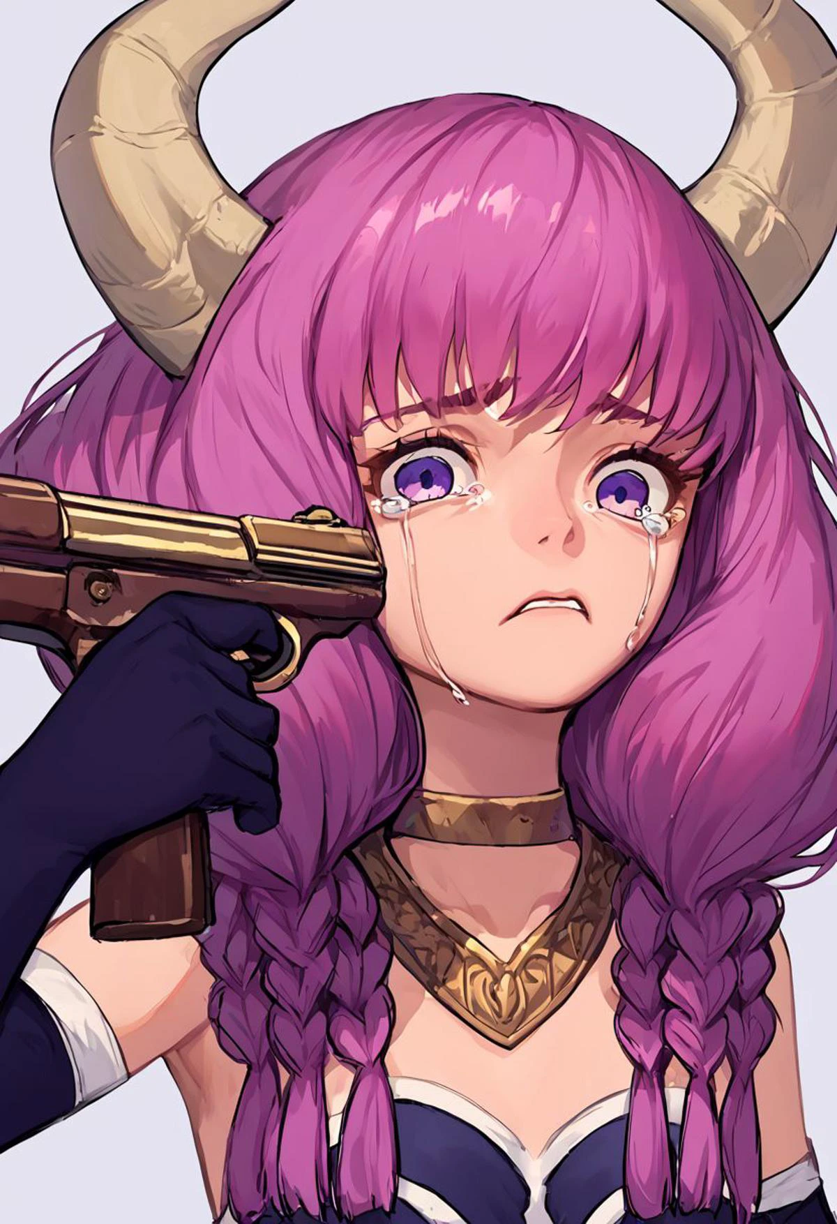 score_9, score_8_up, score_7_up, source_anime, solo, 1girl, looking at viewer, gun to head, holding weapon, holding gun,
aura the guillotine, long hair, purple eyes, purple hair, braid, horns, twin braids, crying, panicked,
portrait, choker, black gloves, elbow gloves,