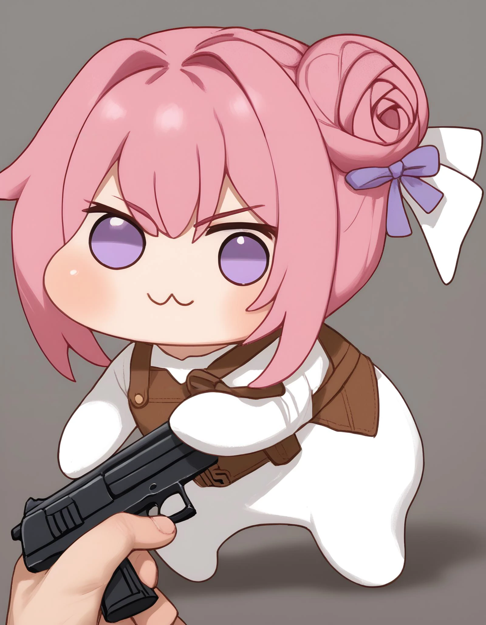 score_9, score_8_up, score_7_up, score_6_up BREAK doro, creature, :3, chibi, pink hair, purple eyes, hair bun, hair bow, white skin, gun to head, holding weapon, holding gun <lora:concept_guntohead_ponyXL:1> <lora:Doro_X_PDXL_V1:1>