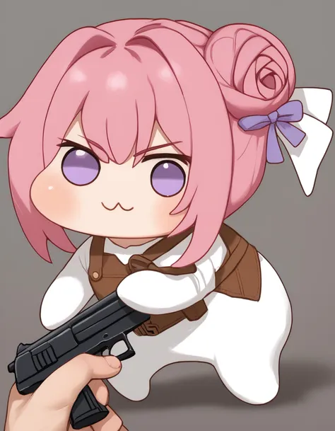 score_9, score_8_up, score_7_up, score_6_up BREAK  doro, creature, :3, chibi, pink hair, purple eyes, hair bun, hair bow, white skin, gun to head, holding weapon, holding gun <lora:concept_guntohead_ponyXL:1> <lora:Doro_X_PDXL_V1:1>