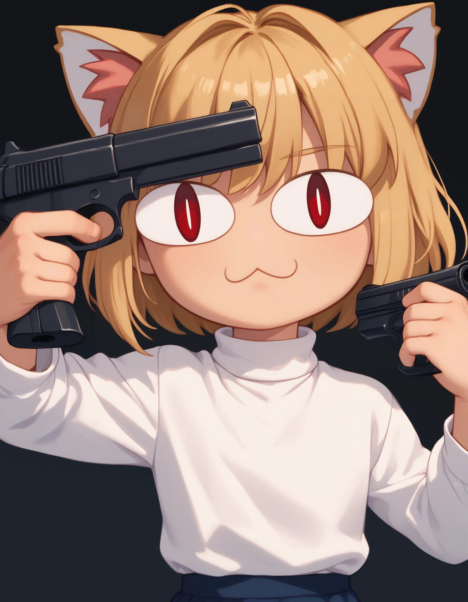 score_9, score_8_up, score_7_up, score_6_up BREAK necoarc, lit pupils, cat ears, blonde hair, red eyes, chibi, :3, white shirt, turtleneck, gun to head, holding weapon, holding gun <lora:concept_guntohead_ponyXL:1> <lora:necoarc-guy-PONYv1_1:1>