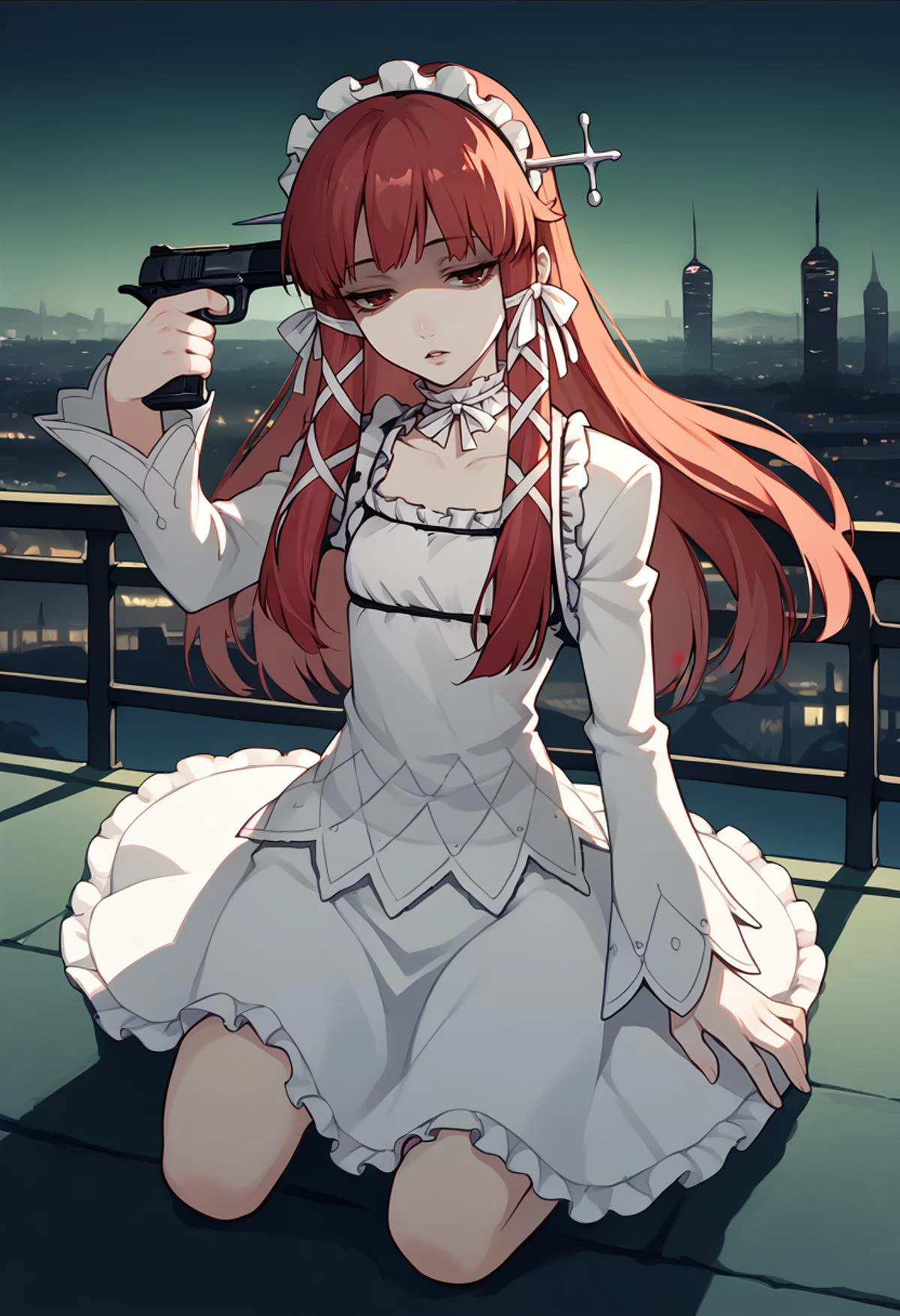score_9, score_8_up, score_7_up, source_anime, BREAK 1girl, kneeling, looking at you, half-closed eyes, parted lips, shaded face, <lora:concept_guntohead_ponyXL:1> gun to head, holding weapon, holding gun, <lora:persona3_yoshino_ponyXL:shino chidori, hair ribbon, red hair, red eyes, hairband, frills, white dress, ribbon, frilled choker, outdoors, night, green theme, cityscape