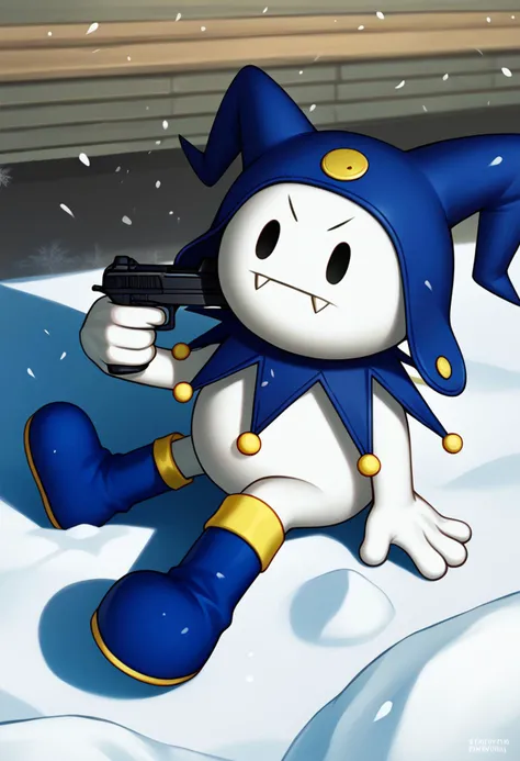 score_9, score_8_up, score_7_up, source_anime, BREAK 1boy, solo, looking at you, <lora:concept_guntohead_ponyXL:1> gun to head, holding weapon, holding gun, <lora:Jack-Frost-pdxl_Fp:0.9> jackfrostsmt, creature, white skin, solid oval eyes, :d, fangs, jester cap, blue footwear, outdoors, snow