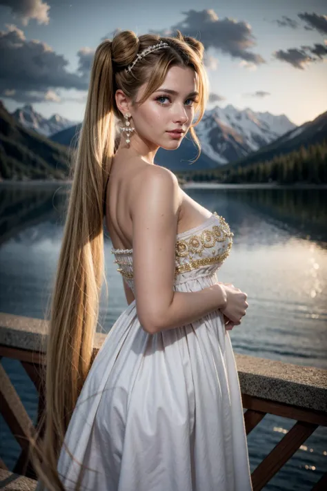 (realistic:1.3), finely detailed, quality, rembrandt lighting, (masterpiece:1.2), (photorealistic:1.2), (best quality), (detailed skin:1.3), (intricate details), dramatic, ray tracing, 1girl, 21 years old, detailed skin texture, (blush:0.5), (goosebumps:0.5), subsurface scattering, smiling, medium breasts, princessserenity, (blonde hair:1.2), (very long hair, twin tails hair:1.2), hair ornament, forehead mark, earrings, white dress, cowboy shot, (night, night sky, outdoors, lake, mountains far away), <lora:princessserenity-sm-richy-v1:1>