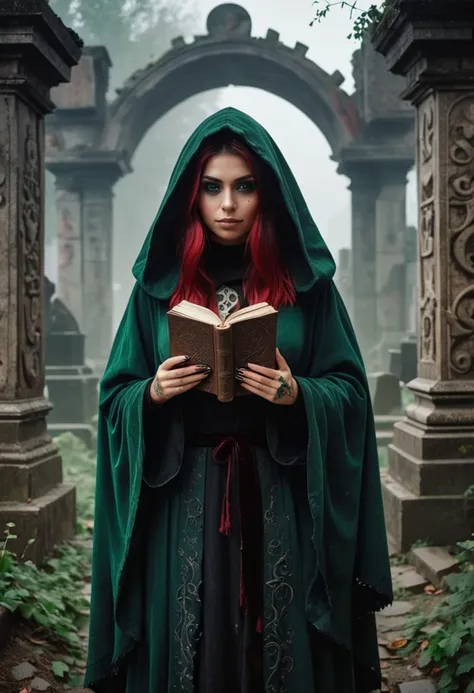 (medium full shot) of (mystical necromancer) young woman, mexican, caramel skin, green eyes, Medium build, long hazel half-up half-down hair, wearing a black hooded cloak, dark green tattered robe with mystical symbols, velvet slippers, blood-red eyeliner, intricate tattoos, holding a ancient book of spells, set in  ancient ruins, crumbling walls, overgrown vines, mysterious carvings, echoes of the past, in a foggy graveyard, woman smiling, ,Masterpiece,best quality, raw photo, realistic, very aesthetic, dark