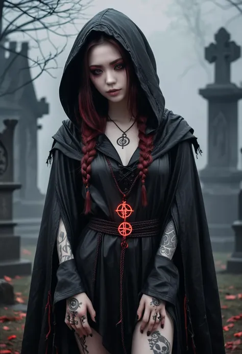 (medium full shot) of (shadowy necromancer) young woman, korean, pale skin, brown eyes, slender build, short dark double braids hair, wearing a black hooded cloak with mystical runes, dark gray leather tunic, tattered robe bottom, slippers with enchanted designs, blood-red eyeliner, intricate tattoos, glowing amulet, set in  necromancer's tower, high and imposing, dark stone, surrounded by swirling mist , in a foggy graveyard, woman smiling, ,Masterpiece,best quality, raw photo, realistic, very aesthetic