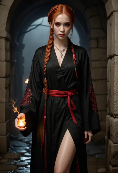 (medium full shot) of (haunting necromancer) young woman, korean, light skin, brown eyes, voluptuous build, medium ginger single braid hair, wearing a black embroidered  robe , ankle boots with dark accents, blood-red eyeliner, intricate tattoos, set in  crypt, damp and dark, cold stone walls, flickering torchlight, eerie echoes, during a storm, woman smiling, Masterpiece,best quality, photo, realistic, very aesthetic, detailed face,