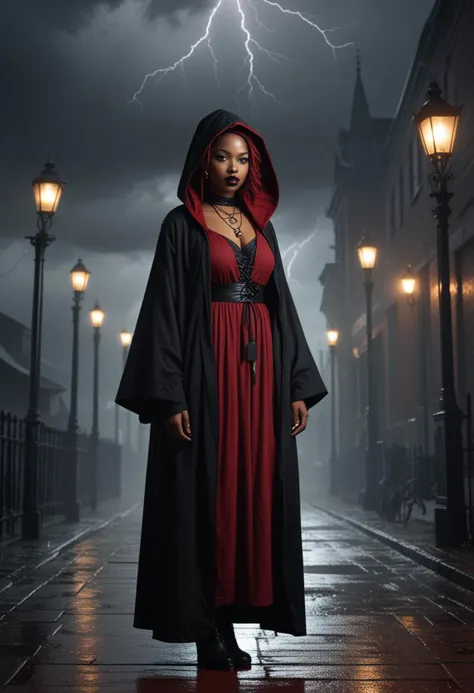 (medium full shot) of (ominous necromancer) young woman, south african, dark skin, light brown eyes, full-figured build, medium red double buns hair, wearing a black floor-length hooded robe with mystical glow, ankle boots with dark accents, black lipstick, bone necklace, set in  tower, midnight, a single light at the top, eerie silence, the feeling of being watched , during a storm, woman smiling, Masterpiece,best quality, photo, realistic, very aesthetic, detailed face,