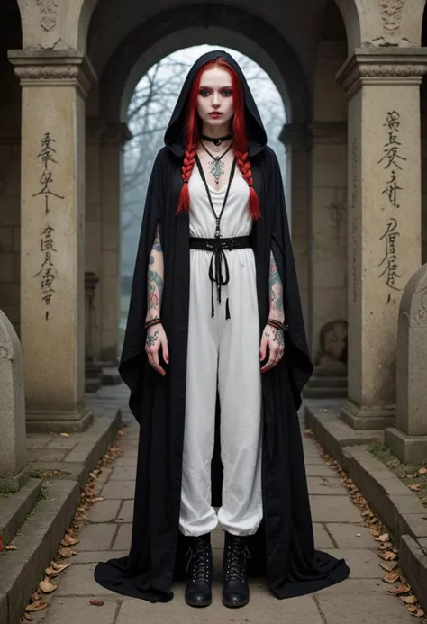 masterpiece, reality, 4k, (medium full shot) of (eerie necromancer) young woman, russian, pale skin, blue eyes, normal build, medium dark double braids hair, wearing a black hooded cloak, white fitted robe, loose trousers, sturdy necromancer boots, blood-red eyeliner, intricate tattoos, dark amulet, set in  crypt, hidden entrance, cold air, silence of the grave, an aura of mystery, at twilight, woman smiling