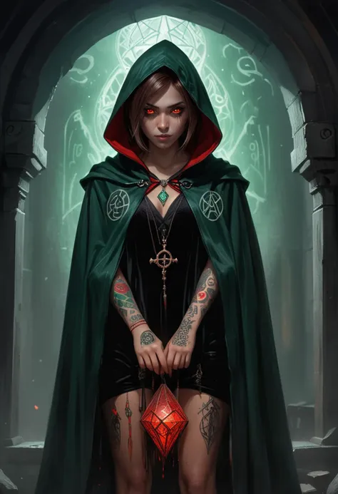 (medium full shot) of (haunting necromancer) young woman, spanish, tan skin, hazel eyes, tiny build, medium brown shag cut hair, wearing a black hooded cloak, dark green velvet robe with enchanted stitching, suede shoes with arcane symbols, blood-red eyeliner, intricate tattoos, tattered cape, set in  tower, ancient and mystical, runic symbols, glowing crystals, a sense of power , woman smiling, ,Masterpiece,best quality, raw photo, realistic, very aesthetic, dark