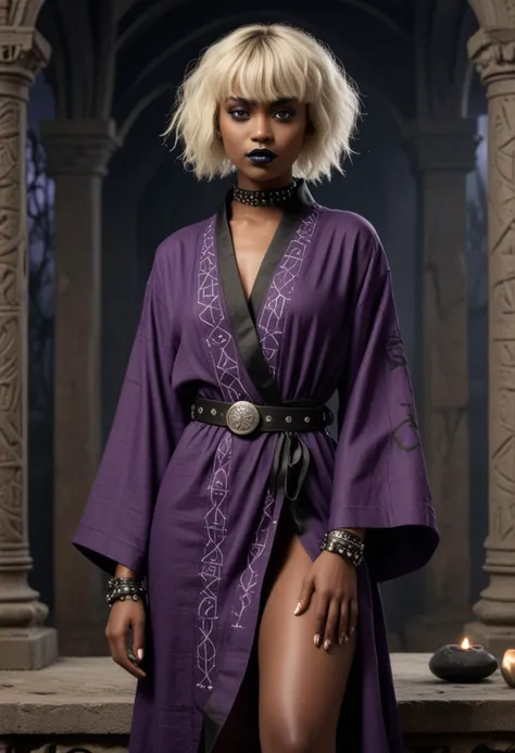 (medium full shot) of (mystical necromancer) young woman, african, dark skin, black eyes, slim build, short blonde curtain bangs hair, wearing a deep purple linen  robe with enchanted stitching, ankle boots with dark accents, black lipstick, spiked armband, set in  tower, ancient and mystical, runic symbols, glowing crystals, a sense of power , during a storm, woman smiling, Masterpiece,best quality, photo, realistic, very aesthetic, detailed face,