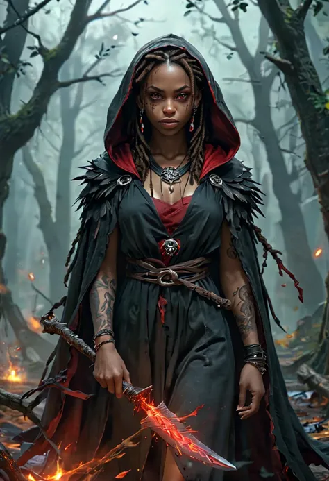 (medium full shot) of (sinister necromancer) young woman, black american, dark skin, light brown eyes, normal build, short dark dreadlocks hair, wearing a black hooded cloak, gray silk robe with arcane runes, velvet shoes , blood-red eyeliner, intricate tattoos, tattered cloak, set in  forest, moonlit, beams of light filtering through branches, the sound of owls, a sense of wonder, during a full moon, woman smiling, ,Masterpiece,best quality, photo, realistic, very aesthetic, detailed face,