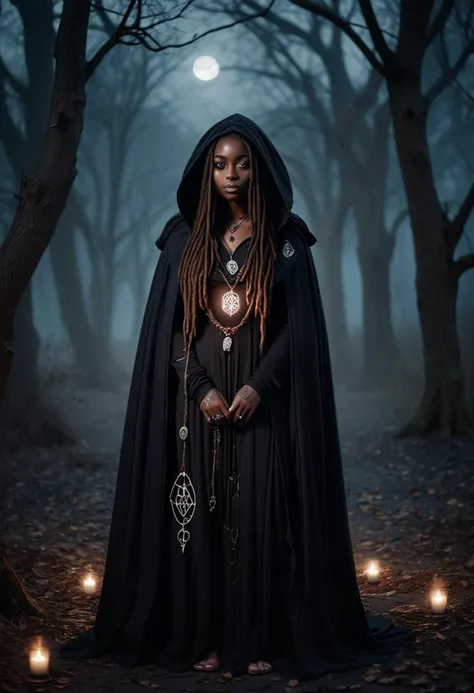 (medium full shot) of (haunting necromancer) young woman, african, dark skin, black eyes, slim build, long brown dreadlocks hair, wearing a black hooded cloak with mystical runes, black floor-length robe with dark aura, velvet shoes with arcane symbols, dark eye shadow, intricate tattoos, dark amulet, set in  forest, moonlit, beams of light filtering through branches, the sound of owls, a sense of wonder, at twilight, woman smiling, ,Masterpiece,best quality, raw photo, realistic, very aesthetic