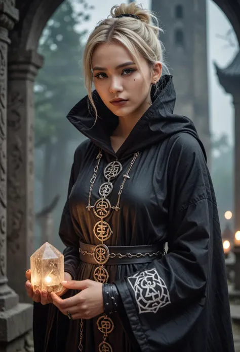 masterpiece, reality, 4k, (medium full shot) of (haunting necromancer) young woman, chinese, tan skin, hazel eyes, willowy build, short blonde messy bun hair, wearing a black hooded cloak, silver layered robe with mystical glow, leather boots, black lipstick, intricate tattoos, spiked armband, set in  tower, ancient and mystical, runic symbols, glowing crystals, a sense of power , at twilight, woman smiling