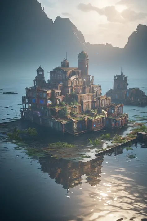 (8k, RAW photo, best quality, masterpiece:1.2), (realistic, photo-realistic:1.37), octane render, ultra high res, ultra-detailed , professional lighting, photon mapping, radiosity, physically-based rendering, ue5, ((island sanctuary)), ((ancient fallen kingdom)), ((reflections in water)), ((raytracing)), ((drowned city))